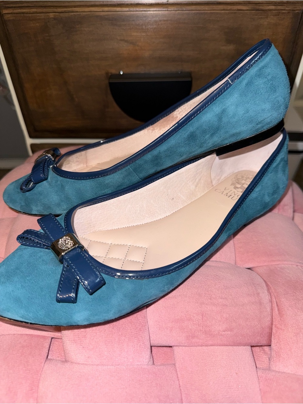 Vince Camuto Teal Suede Ballet Flats with Bow Accent